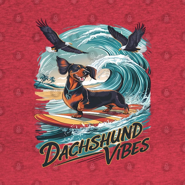 Majestic Dachshund Dog Catching a Wave Surfing by coollooks